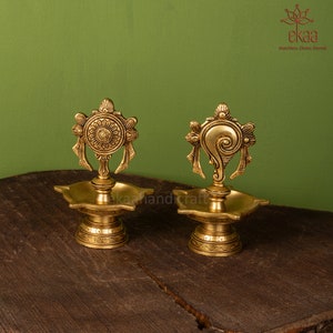 Brass Shankh Chakra Diya Lamp 6 inch/ Home Temple Diya/ Handmade Brass Vishnu Lamp, Brass Oil Lamps for Mandir Puja, Diye For Home Decor