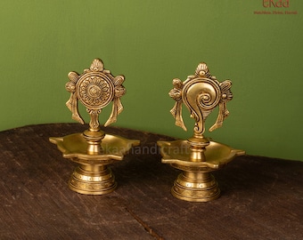 Brass Shankh Chakra Diya Lamp 6 inch/ Home Temple Diya/ Handmade Brass Vishnu Lamp, Brass Oil Lamps for Mandir Puja, Diye For Home Decor
