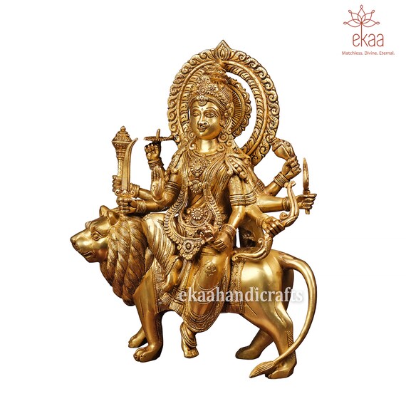 Brass Large Statue Of Durga Maa, 37 Cm Big Size Hindu Goddess Maa Durga Idol, Maa Sherwali, Ambe Maa, Chandi, Adi Shakti. Statue Of Brass