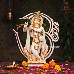 Krishna Statue, 24 CM Hand Painted Cultured Marble Krishna Statue With Aum, Narayan, Hare Krishn, Hindu god of love, Gopal Krishna.