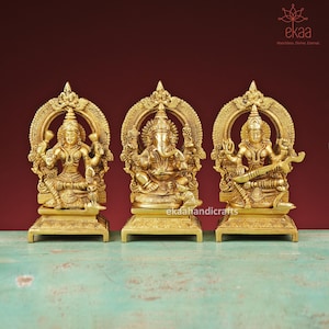 Lakshmi Ganesh Saraswati Statues, 19CM Brass Laxmi Ganesh Saraswati Idols, Hindu gods of good luck, Wealth, Wisdom,Arts, Temple Mandir Murti