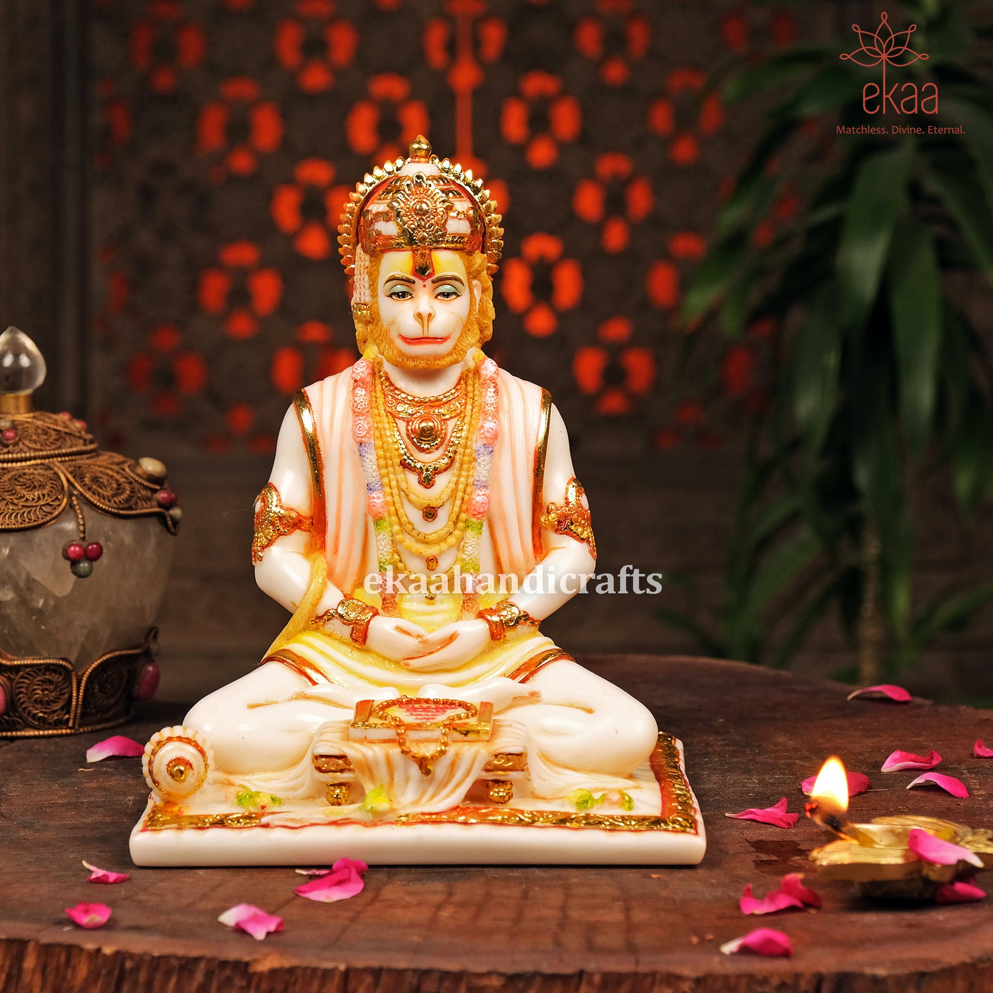 Hindu God idol Murti Car Idol Statue Indiabazaar Gold Sitting Hanuman with White Stones 