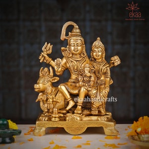 Brass Shiv Parivar Statue, 20CM Brass Shiva Family, Shiv Family Idol, Shiva Parvati Moorthy, Shiva Shakti Moorthi for Home Temple Pooja Idol