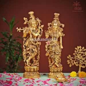 Radha Krishna Statue Brass, 36CM Radha Krishna Idols for Home Temple, Goddess Radha Lord Krishna Hindu Divine Couple, RadheKrishna Figurine