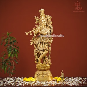 Lord Krishna Statue in Brass, 75cm Big Brass Krishna Statue, Hindu Marriage Anniversary gift, Krishn Bhagwan ki Murti, Krisna Morti.