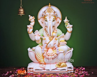 Ganesha Statue in 24 In Marble, Big Large Ganesha Idol Hand Painted, Ganpati Sculpture Carved in Marble for Home Temple/Puja, God of Luck