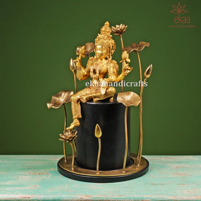 Brass Goddess Lakshmi Sitting Idol on Pedestal With Flowers Etsy
