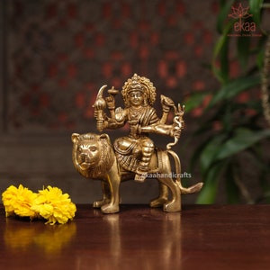 Durga Maa Idol, Durga Statue in Brass, Durga Idol Sitting on Lion Temple Murti Hindu Goddess of protection, Strength
