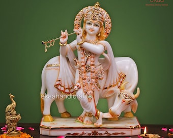 Krishna mit Kuhstatue aus Marmor, 38 cm große Kuh Krishna Steinidol, Krishna Bhagwan Tempel Mandir Pooja Altar Hindu Religiöses Haus