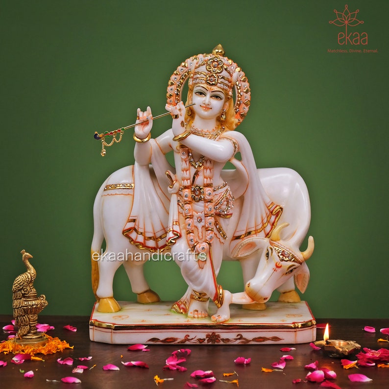 Krishna with Cow Statue in Marble, 38CM Large Size Cow Krishna Stone Idol, Krishna Bhagwan Temple Mandir Pooja Altar Hindu Religious Home image 1