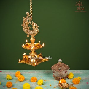 Brass Annam Bird Wall Hanging Diya OiL Lamp with Multiple Dia Holder,Brass Decorative Diyas Handcrafted Deepak for Traditional Home Decor