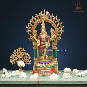Large Brass Vishnu Statue with Stonework - Narayana Home Decor (17 Inches)