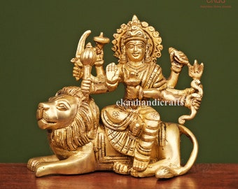 Brass Durga Maa Idol – 10 CM Hindu Goddess Durga Statue on Lion, Small Temple Murti, Spiritual Home Decor & Religious Gift