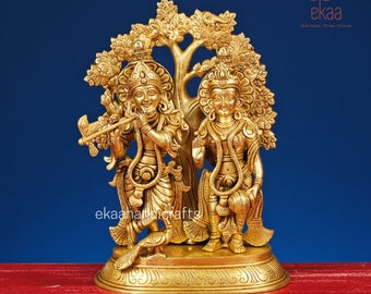 Radha Krishna Statue Brass, 13.5" Radha Krishna Idols for Home Temple, Goddess Radha Lord Krishna Hindu Divine Couple, RadheKrishna Figurine