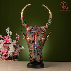 Brass Nandi Mask with Stonework, 46CM Gatekeeper of Shiva & Parvati, God Nandi Statue, Sacred Bull, Shiv Sevak, Hindu Gifts, Animals