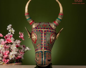 Brass Nandi Mask with Stonework, 46CM Gatekeeper of Shiva & Parvati, God Nandi Statue, Sacred Bull, Shiv Sevak, Hindu Gifts, Animals