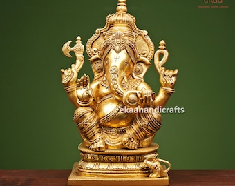 Brass Ganesh Statue, 30CM Brass Ganesh Sculpture for Temple, Lord Ganesha Murti, Hindu god of Good luck, Ganesha Mandir Idol Statue