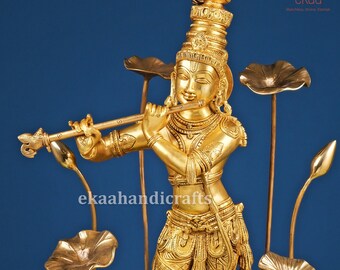 Lord Krishna Statue with Lotus, 63CM Big Large Krishna in Brass, Lord Krishna Murti for Home Decor, God Krishna Showpiece Home Office Temple