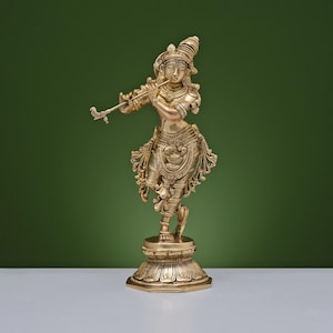 Lord Krishna Statue,  24CM Krishna in Brass, Lord Krishna Murti for Home Temple, Krishan Ji Figurine Pooja Mandir Statue, krishna with Fltue