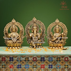 Lakshmi Ganesh Saraswati Statues, 37CM Brass Laxmi Ganesh Saraswati Idols, Hindu gods of good luck, Wealth, Wisdom,Arts  Hindu gods statue