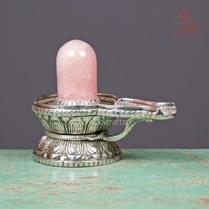 Metal Shivling with Rose Quartz Lingam – Semi-Precious Stone Shivling Idol for Temple, Pooja, Home Decor – Velvet Gift Box Included