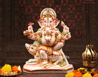Lord Ganesha Statue for Temple, Ganesha Hand Painted Cultured Marble Lord Ganesh Idol, Hindu God of Good Luck, Ganesha Statue for Home Decor