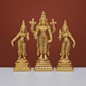 Lord Vishnu with Bhudevi and Sridevi for Home, Laxminarayan, Religious idol, Indian God, Brass Statue, Auspicious Decor, Home Decor, Gift