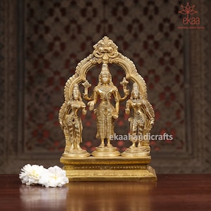 Lord Vishnu with Bhudevi and Sridevi for Home, Laxminarayan, Religious idol, Indian God, Brass Statue, Auspicious Decor, Home Decor, Gift