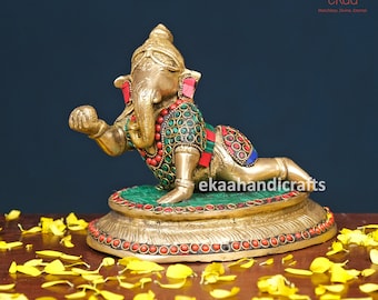 Ganesha Idol Hindu God Crown Baby Ganesh Statue Handmade Brass Murti Sacred Figurine Spiritual Altar Space Decor