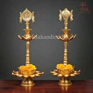 Brass Shankh Chakra Diya Lamp, Big Size 38 CM Home Temple Diya, Handmade Brass Vishnu Lamp, Home Mandir Decor, Handmade Brass Oil Lamp