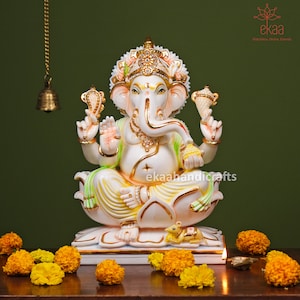 Ganesha Statue in 15In Culture Marble, Big Large Ganesha Idol Hand Painted, Ganpati Sculpture, Ganesh Maharaj for Home Temple, God of Luck
