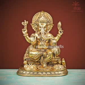 Ganesha Statue in Brass 33CM, Big Large Ganesha Idol, Lord Ganesha Figurine for Home Temple Pooja, Divine Ganesh ji Murti Mandir Hindu God