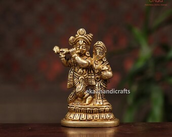 Messing Radha Krishna-standbeeld, goddelijk hindoepaar (3,5 inch)
