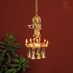 Brass Krishna Wall Hanging Diya OiL Lamp with Bells, Traditional Indian Home Decor, Wick Diya Brass Oil Diya Lamp, Festive Diya In Brass