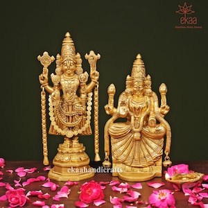 Tirupati Balaji with Padmavati 27CM in Brass, Padmavati Amman New Home, Lord Vishnu Goddess Padmavati Figure, Temple Altar Murti, Pooja Idol