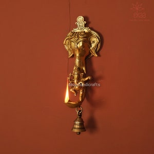 Brass Lord Ganesha with Diya and Bell Wall Hanging, Vignaharta, Siddhi Vinayak, Brass Wall Decor, Brass statue Of Ganesha