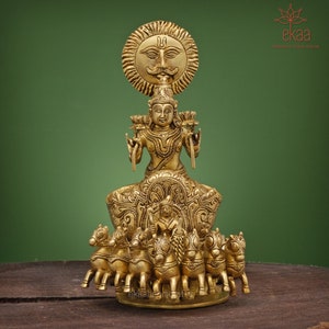 Brass Sun Chariot Idol | Lord Surya Dev with 7 Horses | 30CM Hindu God Surya Bhagwan Rath | Indian Brass Home Temple Décor & Puja Showpiece