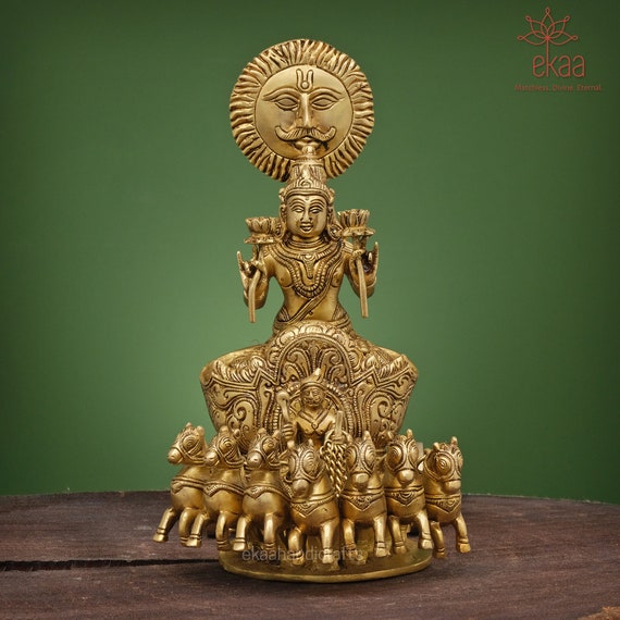 Brass Surya Sun Chariot Statue, Hindu Sun God Idol, 7 Horse