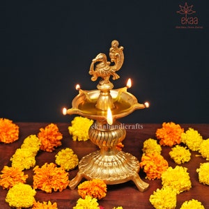 Annam Bird Diya in Brass for Home Temple, 21.5CM Oil Wick Diya, Indian Handcrafted Deepak for Home Decor Handmade, Temple Mandir Dia lamp