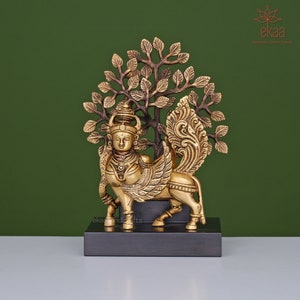 Kamdhenu Cow With Kalpvruksh (Tree of Life) in Brass, 23Cm Holy Cow Showpiece, Handmade Home Decor, Divine Cow, The Cow of Wishes & Desires