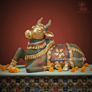 Brass Nandi Sculpture with Stonework, Gatekeeper of Shiva & Parvati, God Nandi Statue Sacred Bull, Shiv Sevak