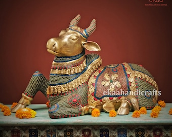 Brass Nandi Sculpture with Stonework, Gatekeeper of Shiva & Parvati, God Nandi Statue Sacred Bull, Shiv Sevak