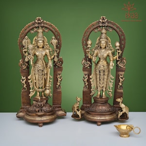 Brass Vishnu Lakshmi Statue with Arch | 41CM Laxmi Narayan Idol | Standing Lakshmi Vishnu Idol for Home Temple | Housewarming Gift