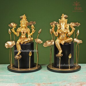 Brass Lord Ganesha Goddess Lakshmi Sitting Idol on Pedestal with Flowers, Ganesha Statue for Home Decor, Ganesh Lakshmi Diwali Pooja Idol