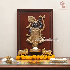 60CM Dwarikadhish Shreenathji Brass Wall Hanging | Krishna with Cow Indian Art Frame | Hindu Temple Decor | Brass Shrinath Ji Wall Sculpture