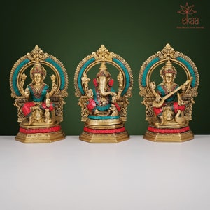 Lakshmi Ganesh Saraswati Brass Statues | 25CM Hindu Idols of Wealth, Wisdom & Arts Laxmi Ganesha Saraswati Murti for Temple, Home Puja Décor