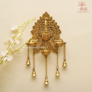 Peacock Diya in Brass with Multiple Diya Holders Wall Hanging, Brass Indian Home Decor, Diwali Decorations, Indian Wall Decor, Hanging Diya