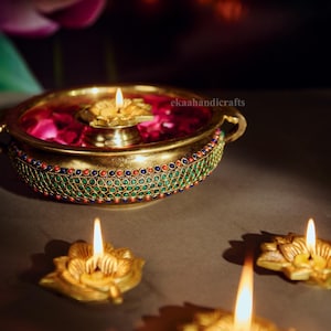 Brass Urli Bowl with Stonework: Indian Home Decor Centerpiece