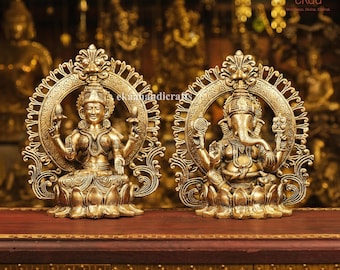 Brass Lakshmi Ganesh Statue 24CM – Hindu Goddess Lakshmi & Ganesha Idol, Wealth and Prosperity Mandir Decor, Housewarming Gifts
