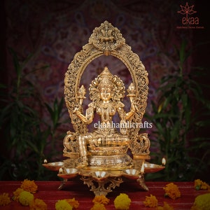 Brass Lakshmi Goddess Statue with Oil Diya Lamp, Unique Sitting Laxmi Idol for Home Temple, Big Large Hindu Goddess of Fortune and Abundance